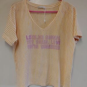 Zara Women's Yellow Striped Cropped Graphic Tee Shirt Size L